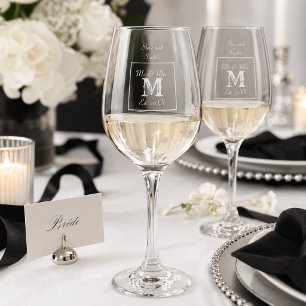 Monogram Minimal   Black and White Wedding Wine Glass
