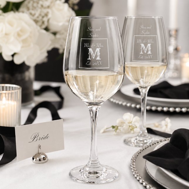 Monogram Minimal | Black and White Wedding Wine Glass (Creator Uploaded)