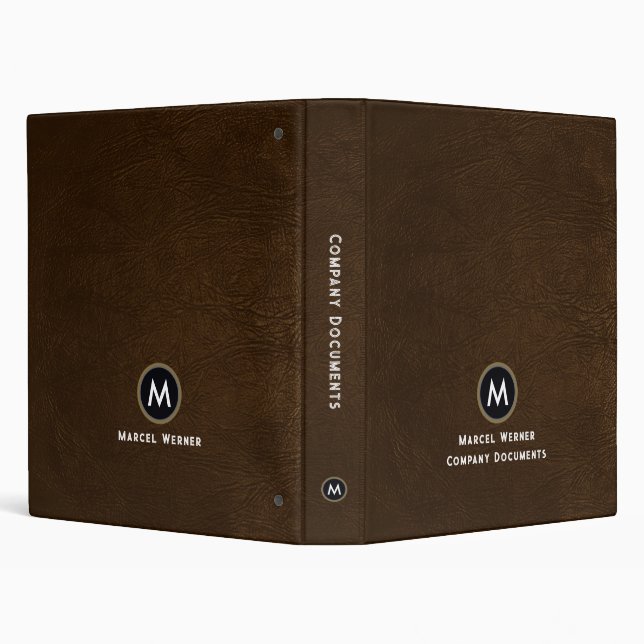 Monogram Minimal Brown Leather Company Documents 3 Ring Binder (Background)