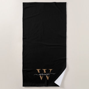 Monogram Minimal Elegant Black Gold Script Name Beach Towel
