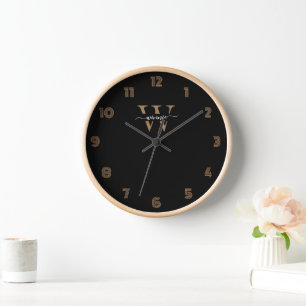 Monogram Minimal Elegant Black Gold Script Name Clock