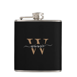 Monogram Minimal Elegant Black Gold Script Name  Flask