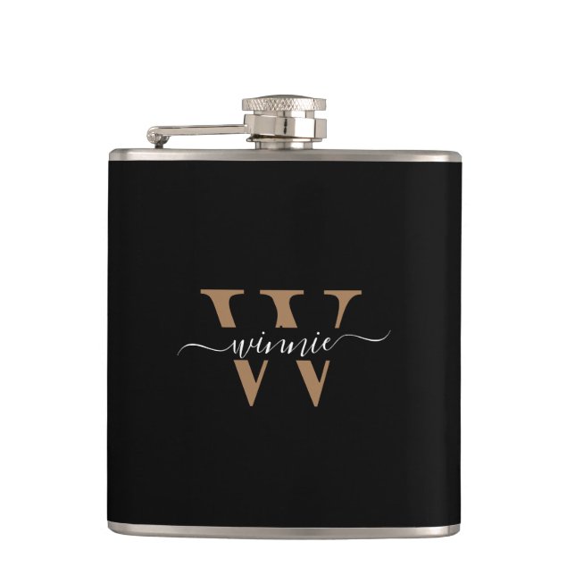 Monogram Minimal Elegant Black Gold Script Name  Flask (Front)