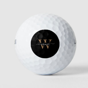 Monogram Minimal Elegant Black Gold Script Name  Golf Balls