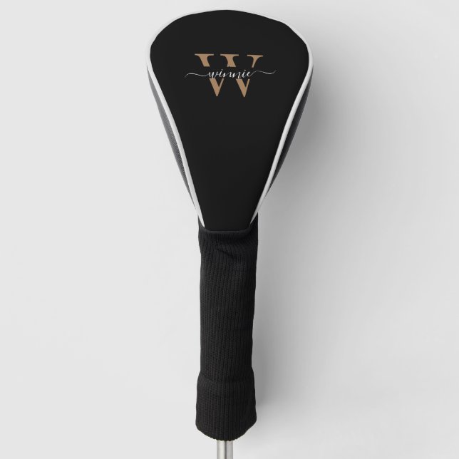 Monogram Minimal Elegant Black Gold Script Name  Golf Head Cover (Front)