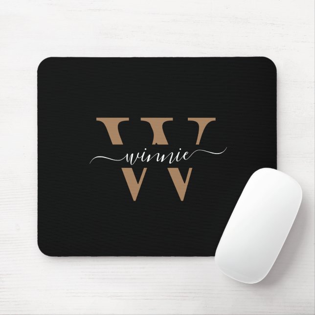 Monogram Minimal Elegant Black Gold Script Name  Mouse Pad (With Mouse)