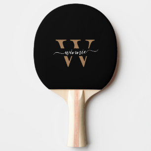 Monogram Minimal Elegant Black Gold Script Name  Ping Pong Paddle