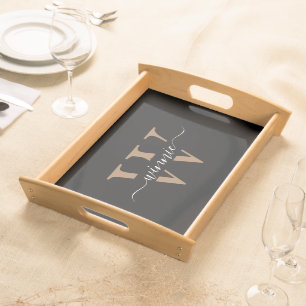 Monogram Minimal Elegant Black Gold Script Name  Serving Tray