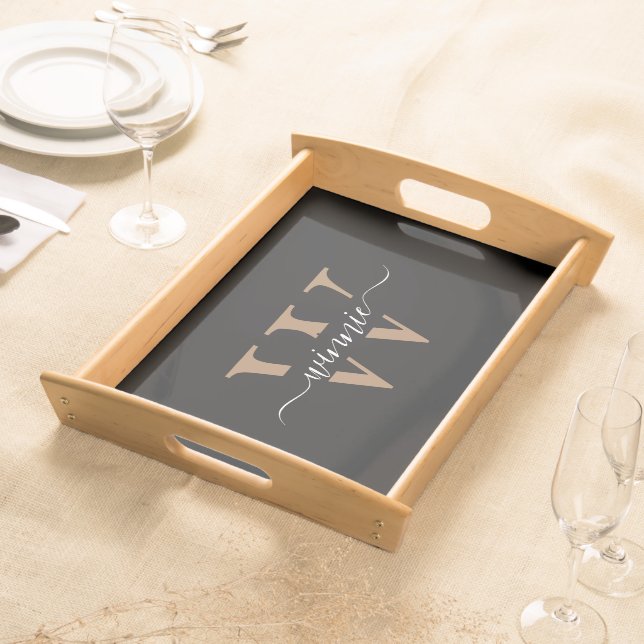 Monogram Minimal Elegant Black Gold Script Name  Serving Tray (Front)