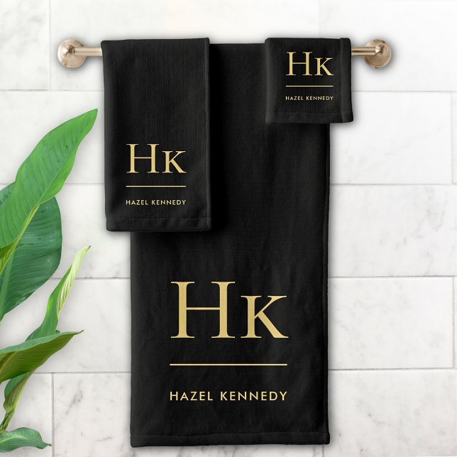 Monogram Minimal Elegant Black Gold Stylish Chic Bath Towel Set (Creator Uploaded)