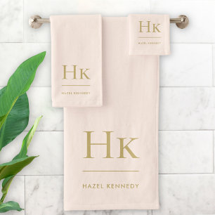 Monogram Minimal Elegant Blush Pink Gold Stylish Bath Towel Set