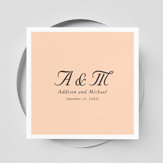 Monogram, Minimal, Elegant, Peach, Wedding Napkins (Monogram, Minimal, Elegant, Peach, Wedding Napkins with your names and date.)