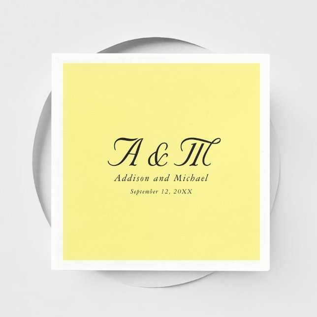 Monogram, Minimal, Elegant, Yellow, Wedding Napkins (Monogram, Minimal, Elegant, Yellow, Wedding Napkins with your names and date.)