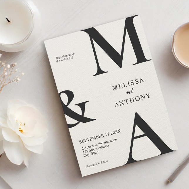 Monogram Minimalist Black and Ecru Modern Wedding Invitation (Creator Uploaded)