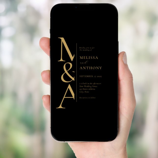 Monogram Minimalist Black and Gold Modern Wedding Invitation (Front Digital)