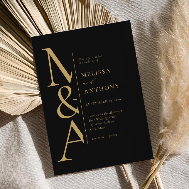 Monogram Minimalist Black and Gold Modern Wedding Invitation (Creator Uploaded)
