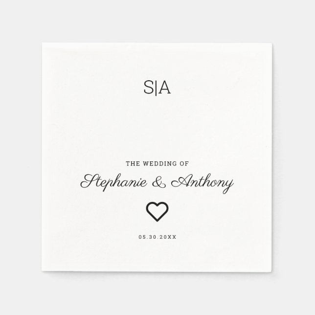 Monogram Minimalist Black and White Heart Wedding  Napkins (Front)