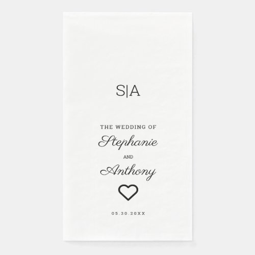 Monogram Minimalist Black and White Heart Wedding Paper Guest Towels