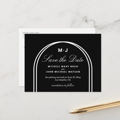 Monogram Minimalist Black Arch Save the Date Postcard