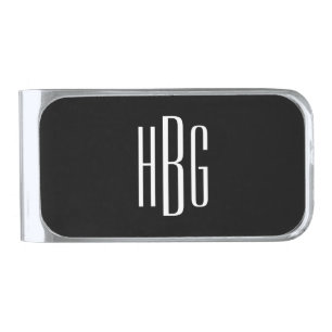 Monogram Minimalist Black White Initial Modern Silver Finish Money Clip