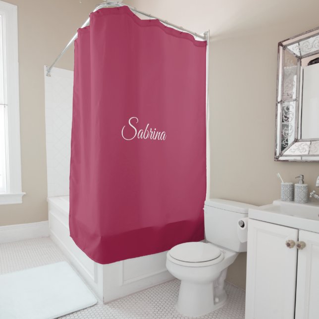 Monogram minimalist cherry rose pink shower curtain (In Situ)