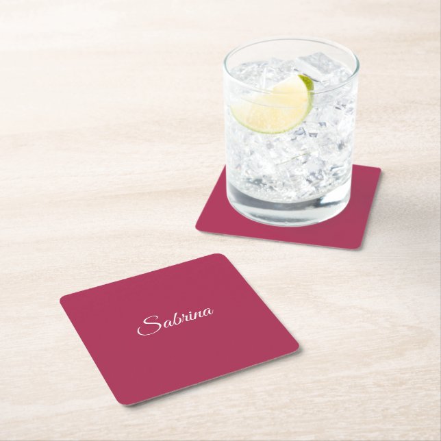 Monogram minimalist cherry rose pink square paper coaster (Insitu)
