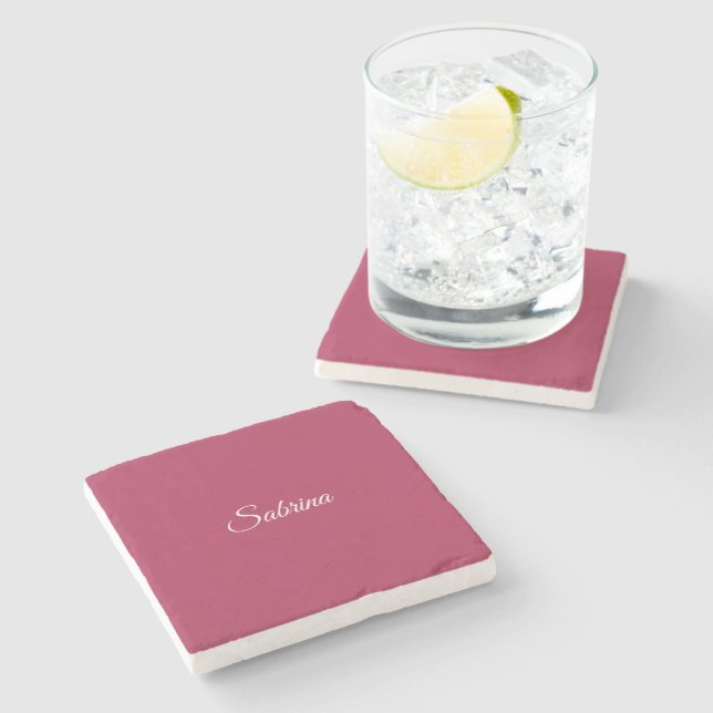 Monogram minimalist cherry rose pink stone coaster (Side)