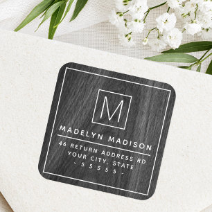 Monogram minimalist dark wood grain return address square sticker