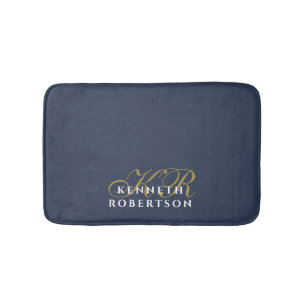 Monogram Minimalist Dusty Navy Blue Gold White Man Bath Mat