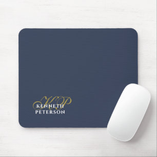 Monogram Minimalist Dusty Navy Blue Gold White Man Mouse Pad