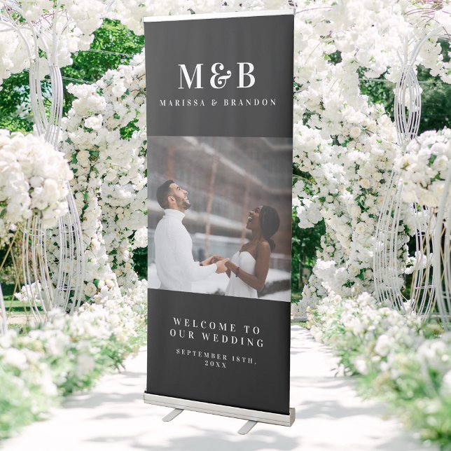 Monogram Minimalist Elegant Wedding Photo Welcome Retractable Banner (Monogram Minimalist Elegant Wedding Photo Welcome Retractable Banner)