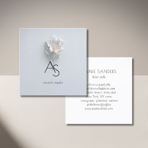 Monogram Minimalist Floral White Blue Square Business Card