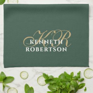  Monogram Minimalist Green Gold White Stylish Men  Kitchen Towel
