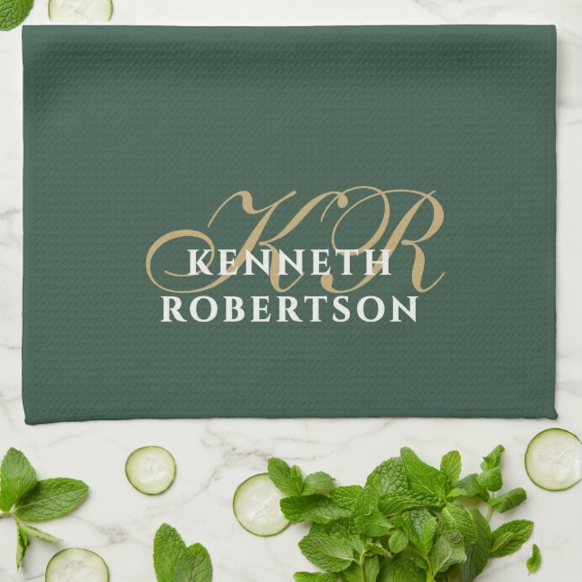  Monogram Minimalist Green Gold White Stylish Men  Kitchen Towel (Folded)