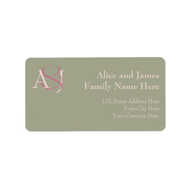 Monogram Minimalist Green Pink & Mauve Address Label (Front)