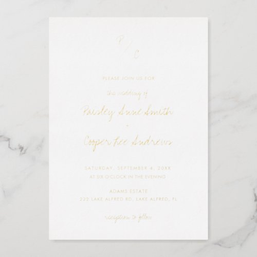 Monogram Minimalist Handwriting Wedding  Foil Invitation
