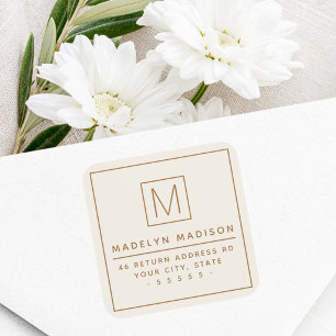 Monogram minimalist ivory colored return address square sticker