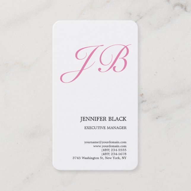 Monogram Minimalist Modern Pink White Feminine Business Card (Front)