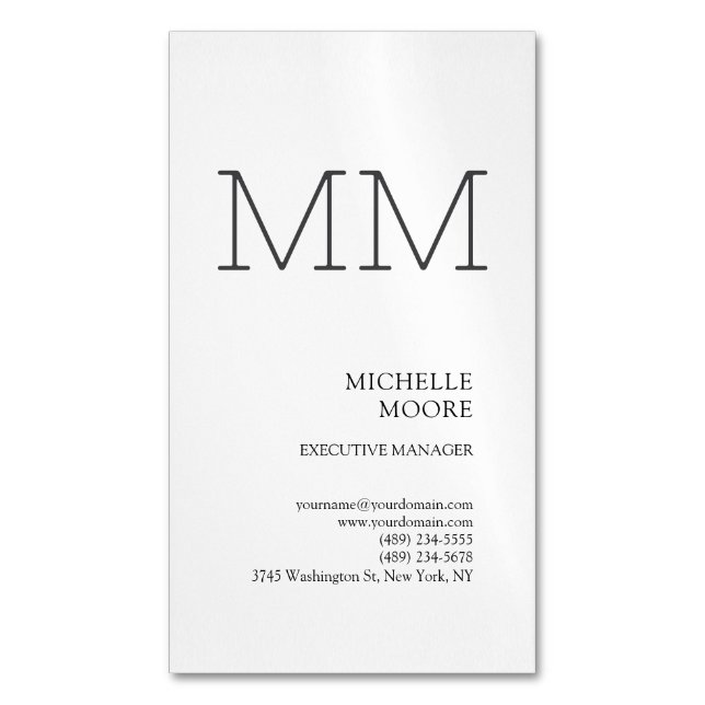 Monogram Minimalist Modern Plain White Business Card Magnet (Front Vertical)