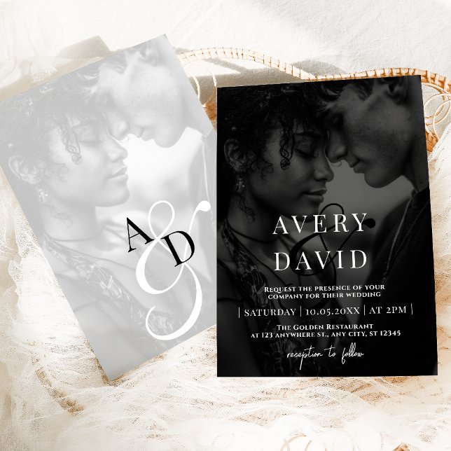 Monogram Minimalist Modern Wedding Black Photo Invitation (Creator Uploaded)