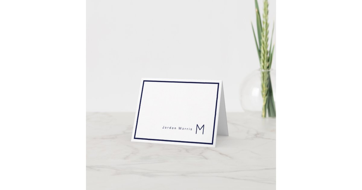Monogram Minimalist Navy Blue Chic Border Note Card | Zazzle