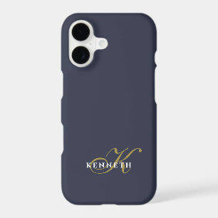 Monogram Minimalist Navy Blue Gold White Chic Men iPhone 17 Case