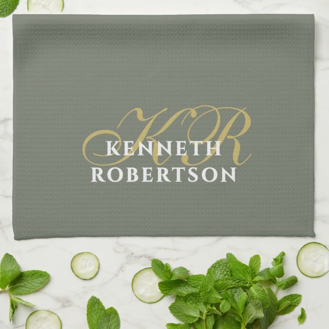  Monogram Minimalist Olive Green Gold White Men  Kitchen Towel (Folded)