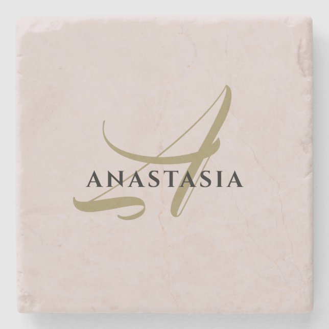 Monogram minimalist pastel blush pink gold black  stone coaster (Front)