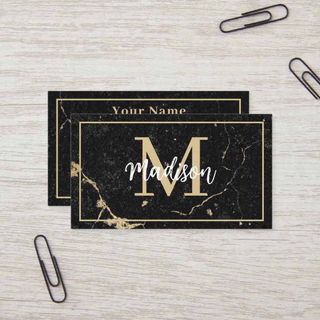 Monogram Minimalist Rustic Black Gold Marble Business Card (Front/Back In Situ)