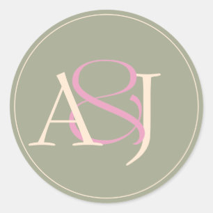 Monogram Minimalist Sage Green & Rose Pink Wedding Classic Round Sticker