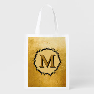 Monogram minimalist simple black faux gold grocery bag