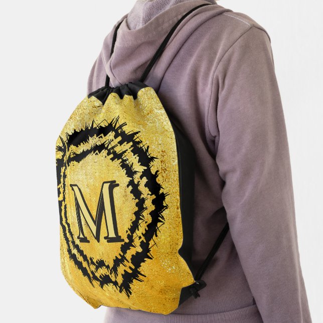 Monogram minimalist simple chic faux gold drawstring bag (Insitu)