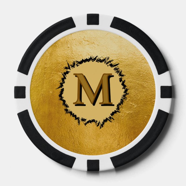 Monogram minimalist simplen custom black faux gold poker chips (Front)