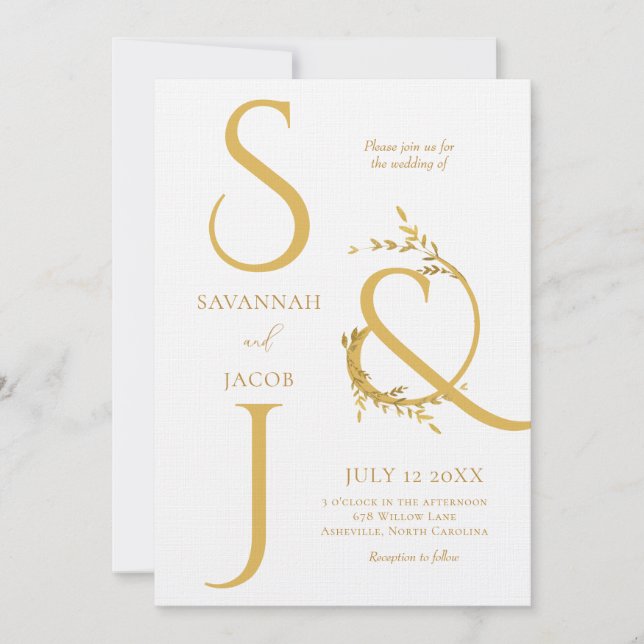 Monogram Minimalist White and Gold Modern Wedding  Invitation (Front)